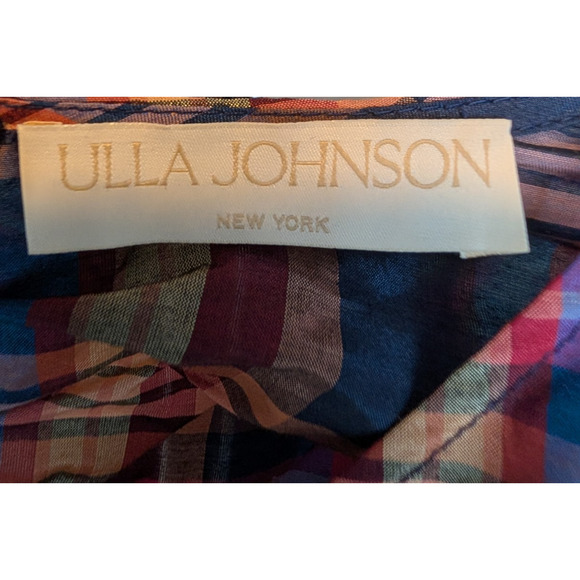 Ulla Johnson Heleen Puff Sleeve Silk Cotton Plaid Asymmetric Midi Dress Size 2 - Picture 10 of 13